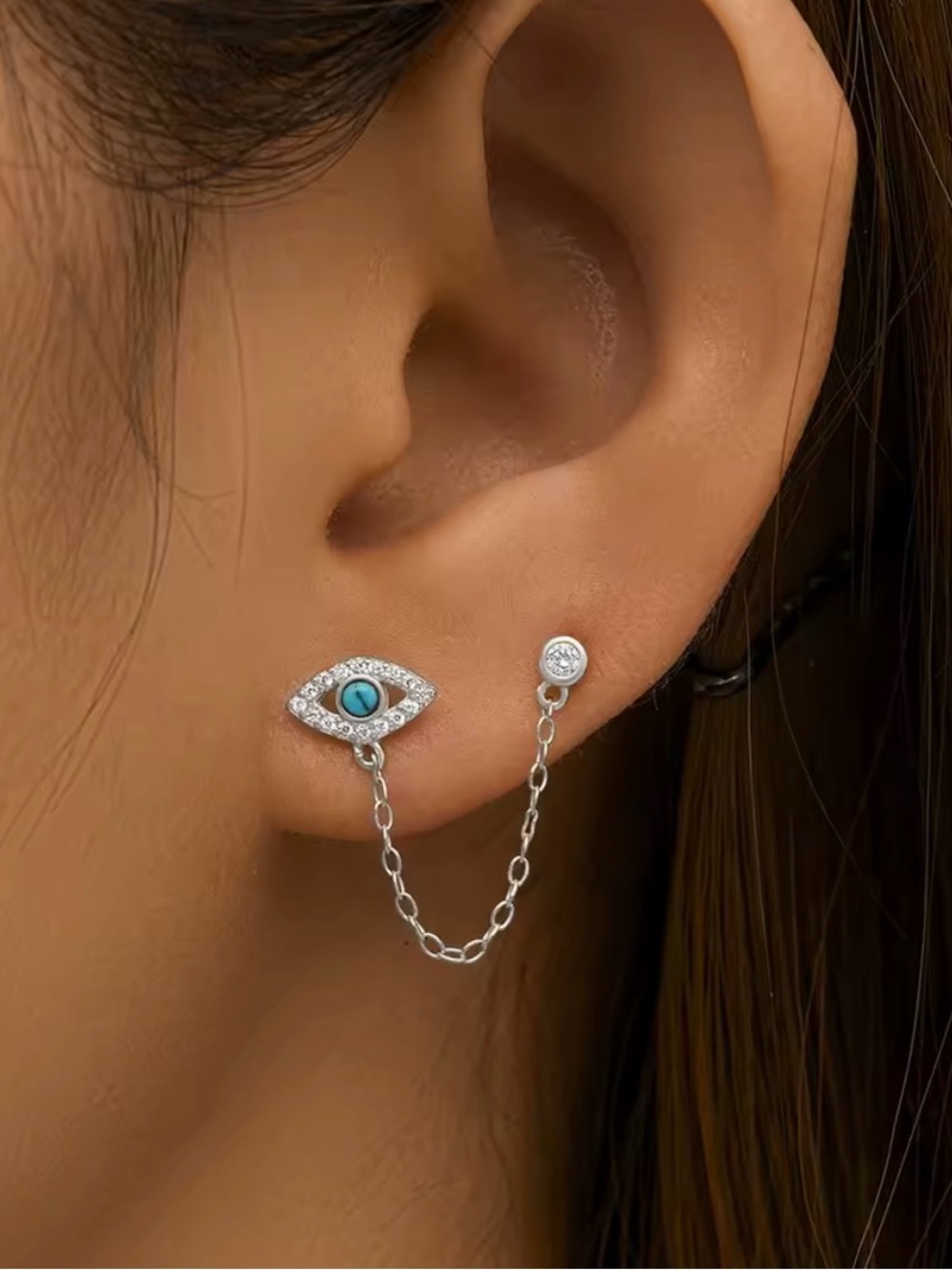 925 Sterling Silver Turquoise Evil Eye Double-Stud Chain Earrings - Picture 2 of 4